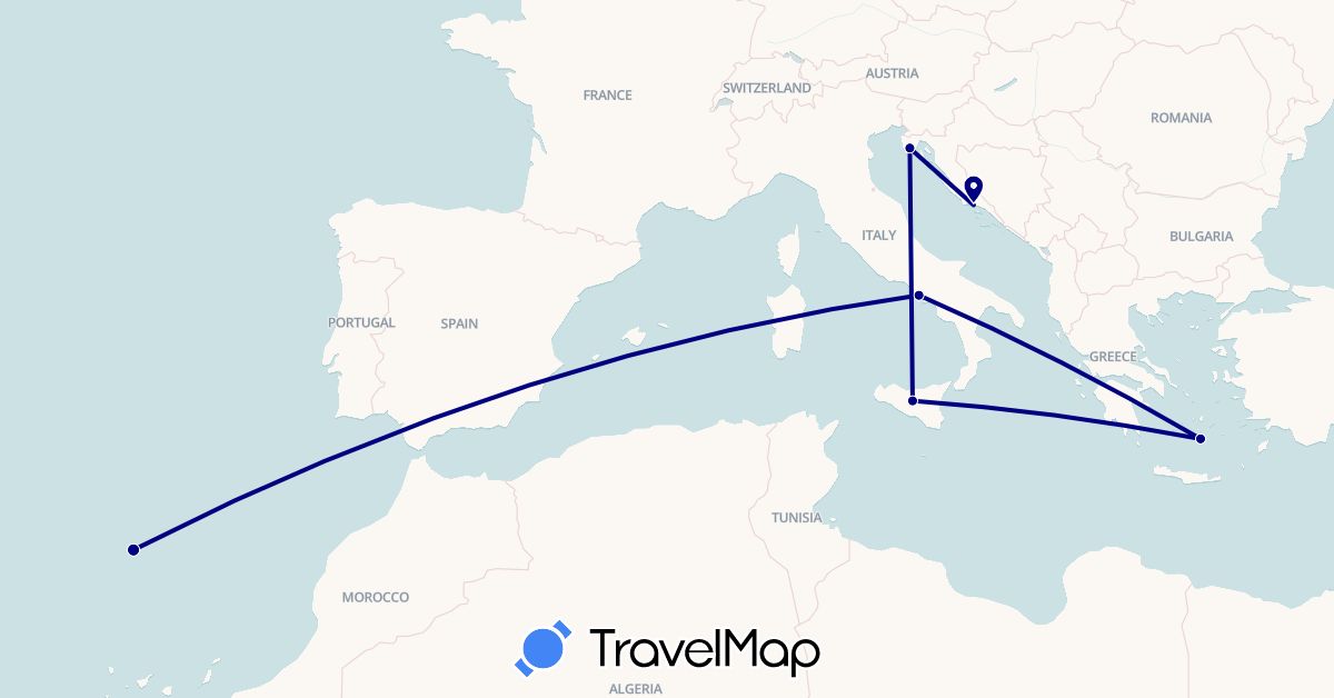 TravelMap itinerary: driving in Greece, Croatia, Italy, Portugal (Europe)